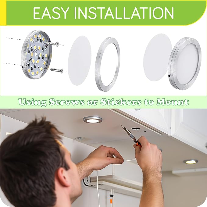 Under Cabinet LED Puck Lighting, Single Light for Hutch Bookcase Display Shelf Lighting, Rotary Dimmer Switch, 120VAC Plug in, Black Cord, Warm White