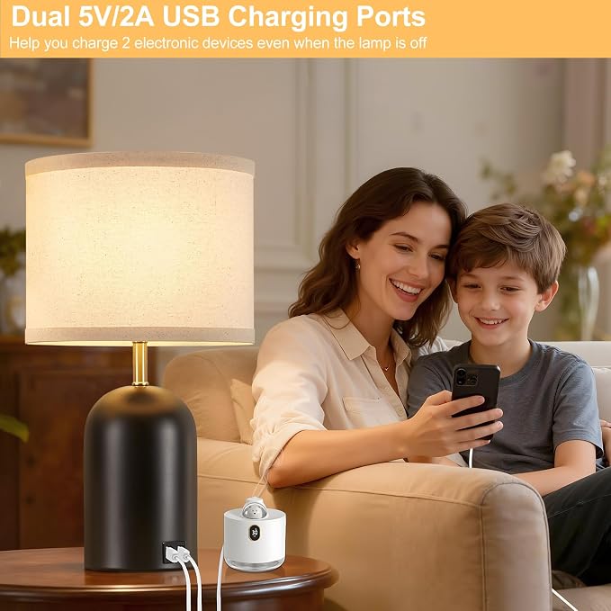 Touch Control Table Lamps Set of 2, Modern Bedside Lamp with 2 USB Ports, Dimmable Gold and Black Nightstand Lamp with Fabric Shade for Living Room Bedroom Office Dorm(LED Bulbs Included)