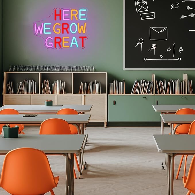 Here We Grow Great Neon Sign for Wall Decor Classroom Neon Light Plant LED Sign Colorful Letter Neon Light Sign for Classroom Bar Home shop Decoration