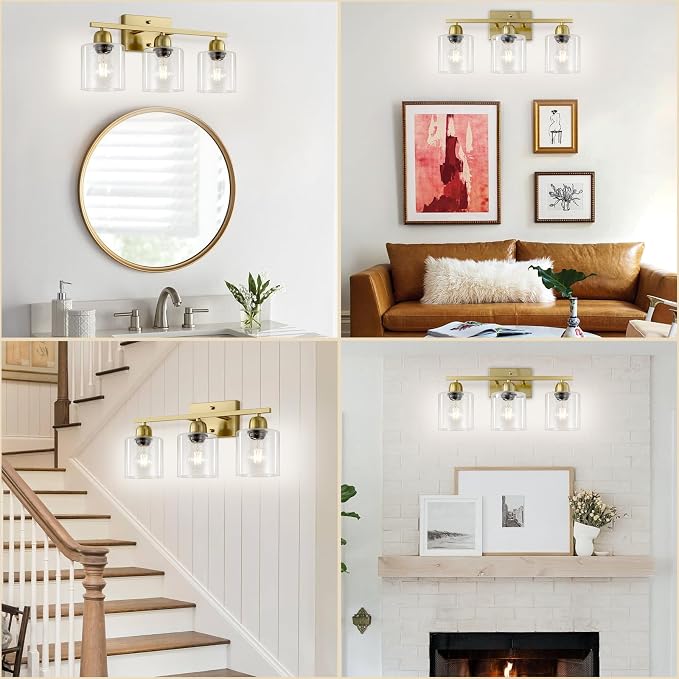 Modern Brushed Gold 3 Light Bathroom Light Fixtures, 19 inch Vanity Lights for Bathroom with Clear Glass, Bathroom Lighting Fixtures Over Mirror for Mirror Kitchen Living Room