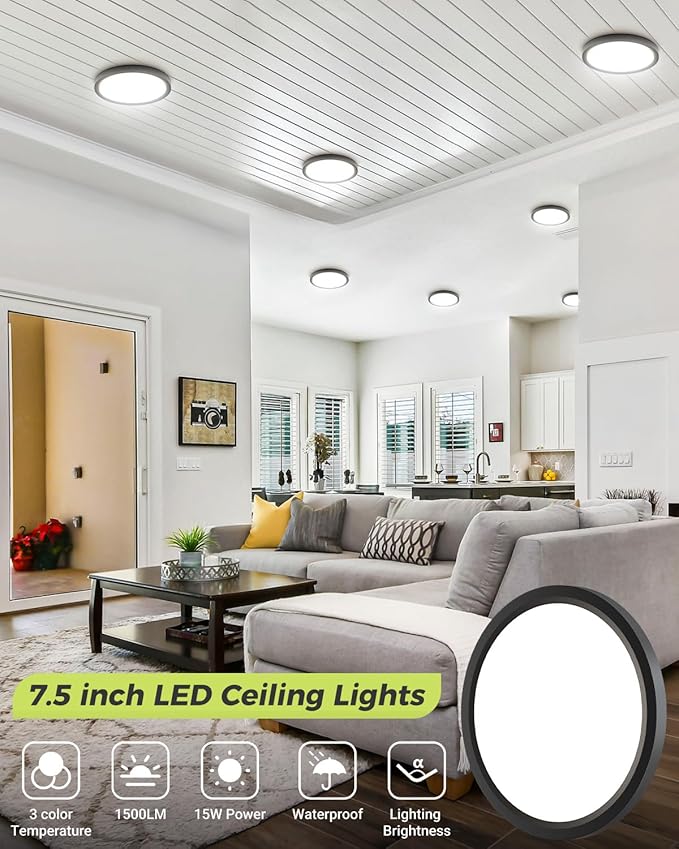 2PACK LED Flush Mount Ceiling Light - 3CCT Selectable 3000K-4000K-6500K & 100W Equivalent Modern Kitchen Recessed Ceiling Lamp 15W 1500Lm 7.5 Inch for Bathroom Closet Laundry Bedroom
