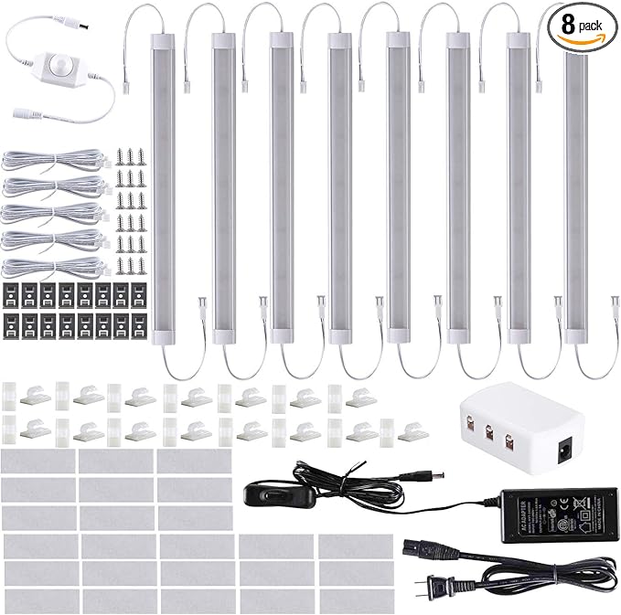 LABOREDUCER Under Cabinet Lighting Wired Plug in or Hardwired Warm White 2700K,8 Pack 11inch Linkable Dimmable LED Under Cabinet Lights with Power Adapter,24V Under Counter Lights for Kitchen