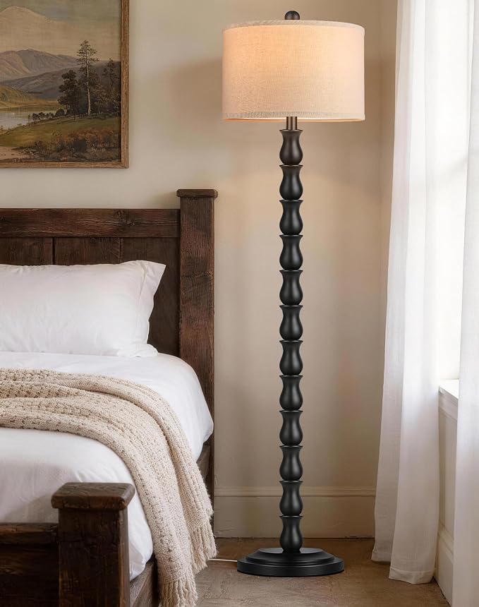 63.5" Rustic Floor Lamp for Living Room, Farmhouse Floor Lamp with Rotary Switch & Linen Shade, Vintage Resin Tall Standing Lamp for Bedroom Corner Office Home Decor, Black (LED Bulb Included)