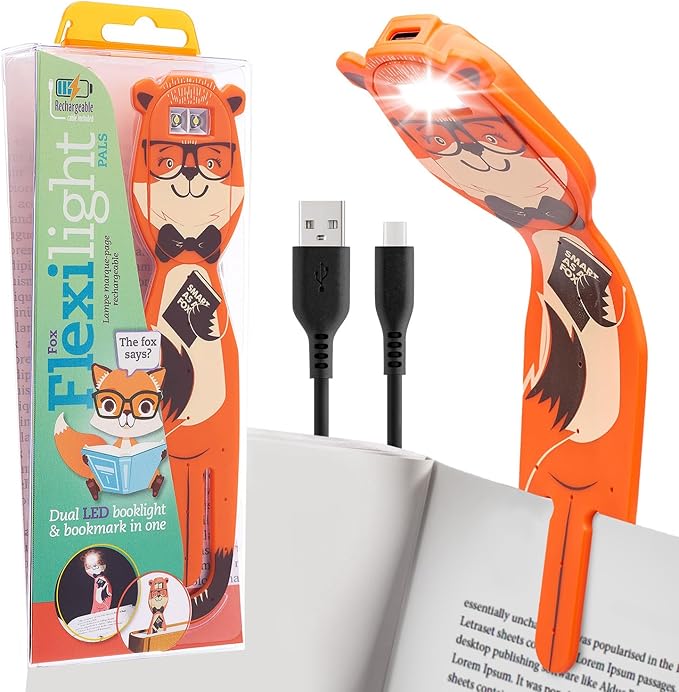 Gifts for Readers & Writers Rechargeable Book Light for Kids, Clip On Reading Light for Bed, 2in1 Flexilight Pals & Bookmark, 12 Hours of Light Once Charged, Includes USB Cable & 2 LED Lights, Fox