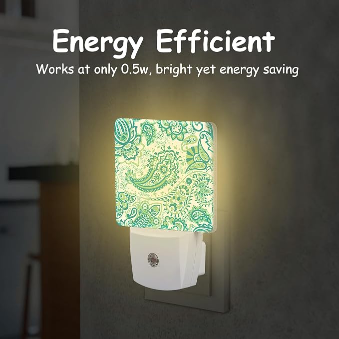 Green Paisley Floral Night Light,Traditional Paisley Plug-in Night Light Auto Dusk-to-Dawn Sensor Energy Efficient LED Lamp for Room Decor,Hallway,Kitchen,Bathroom,Nursery,Stairs
