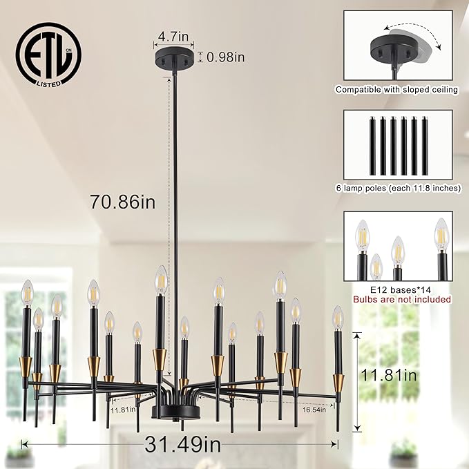 Black and Gold Farmhouse Chandelier 14 Light Large Candle Chandelier for Bedroom 31.5IN Black Chandeliers for Dining Room, Living Room, Foyer, Large Chandeliers for High Ceilings Height Adjustable
