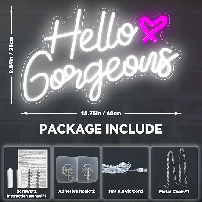 Hello Gorgeous Neon Signs Hello Beautiful LED Neon Lights Dimmable LED Light Sign for Home Wedding Birthday Backdrop Bacelorette Party Decoration, White