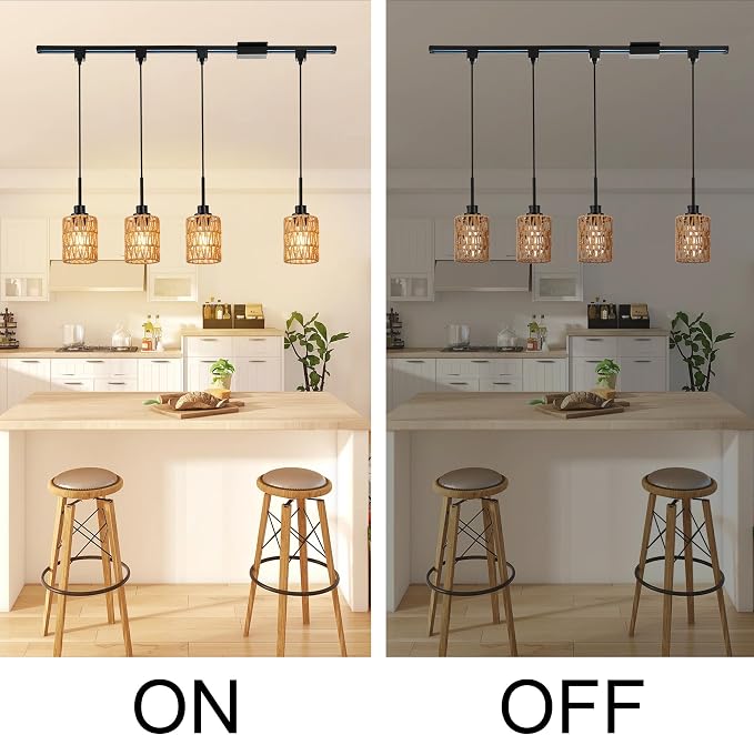 MELUCEE 4 Packs H-Type Track Hanging Light Black Ceiling Track Lighting | Rattan Pendant Light for Kitchen Island Dining Room Restaurant, Compatible with H Type Track Lighting Rail, E26 Socket