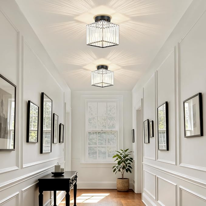 Modern Black Ceiling Light Fixture Crystal Hallway Entryway Light Fixtures | 2-Pack, 7.24 Inch, E26 Dimmable, Bathroom Bedroom Ceiling Light, Kitchen Dining Room Closet Close to Ceiling Light Fixtures