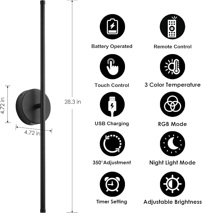 KARTOOSH Battery Operated Wall Sconces Set of Two Wireless Wall Lights | Rechargeable Wall Sconce with Remote 350°Rotate Dimmable RGB 3CCT LED Wall Lamp for Living Room, Bedroom