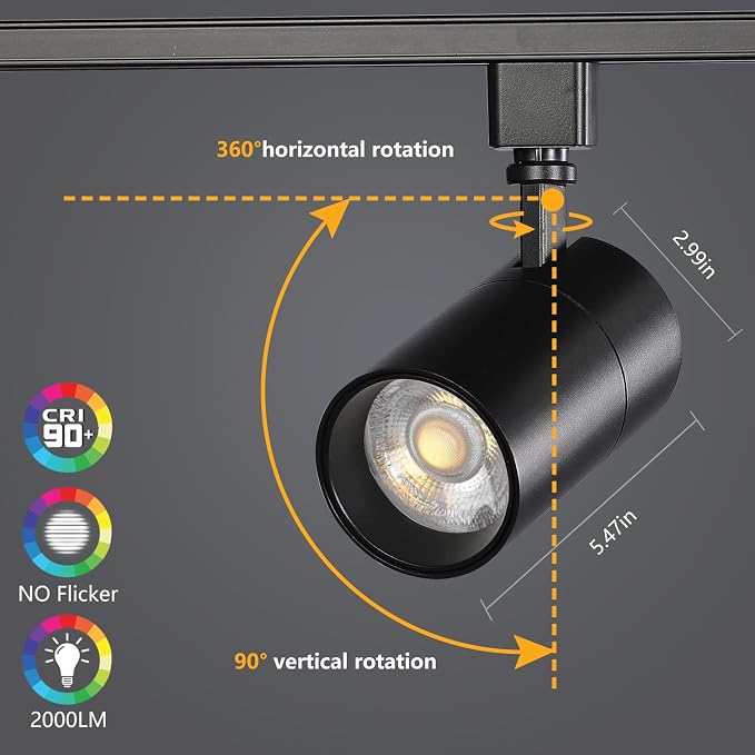 VANoopee 3-Color 20W H Track Lighting Heads Dimmable, Black 1 Pack | Bright LED Track Light Fixtures Ceiling Spotlight for Kitchen, 3000K 4000K 5000K Adjustable, Flicker Free CRI90+ 36° 2000lm
