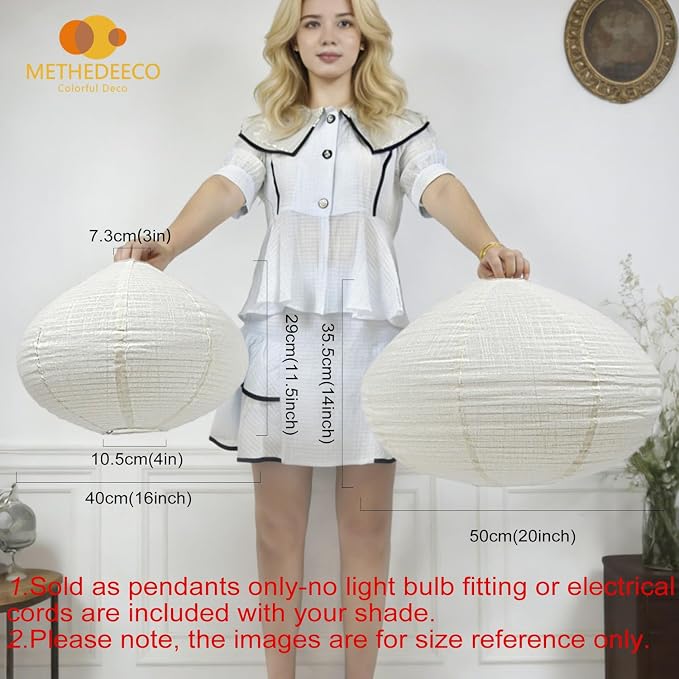 METHEDEECO Oval Hanging Lamp Shade, 16 Inch, White with Beige | Faux Linen, Pendant Lamp Shade, Foldable Fabric Replacement Shade, Minimalist, For Bedroom Living Room Kitchen