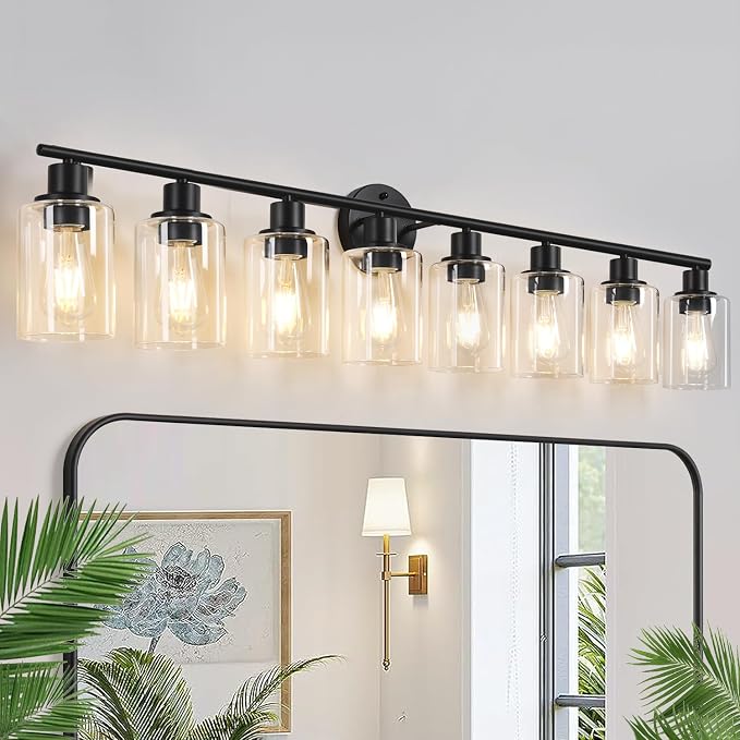 Zarbitta 8-Light Bathroom Light Fixtures, Black Modern Vanity Lights with Clear Glass Shade, Bathroom Wall Lamp, for Mirror Kitchen Living Room Hallway Cabinet Porch