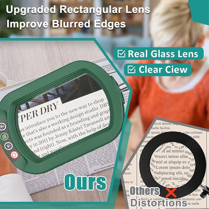 IVMAIE 12X Rectangle Magnifying Glass with Light, 5 Color Modes Stepless Dimmable Magnifier with Stand, LED Lighted Clamp Desk Lamp with Swing Arm, Hands Free for Reading Painting Close Work - Green
