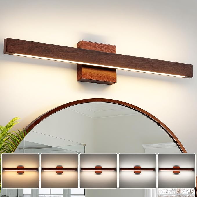 Modern Bathroom Light Fixtures Over Mirror, 24 Inch Brown Wood Finish Vanity Light Bar 20W Dimmable 5CCT LED Vanity Lights for Bathroom Wall Lighting Fixtures Over Mirror