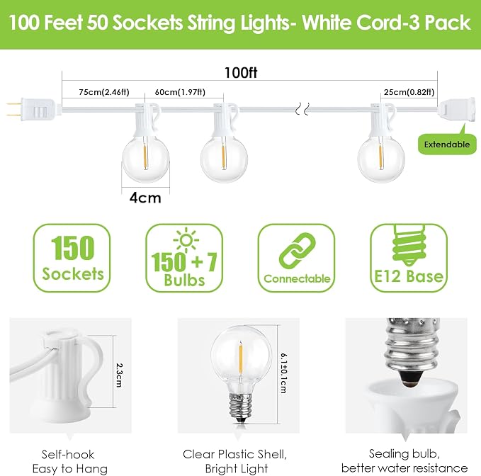 300Ft(3x100Ft) LED Outdoor String Lights Dimmable Waterproof G40 Globe Patio Lights with 150+7 Warm White Bulbs for Bistro Outside-White Cord