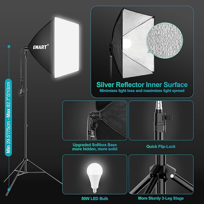 EMART 8.5 x 10 ft Backdrop Support System, Professional Photography Lighting Kit with 5500K 50W LED, 6 * 9ft Backdrop *3, Reflector,Umbrellas&Softbox Lighting Kit for Studio, Portrait, Video Shooting