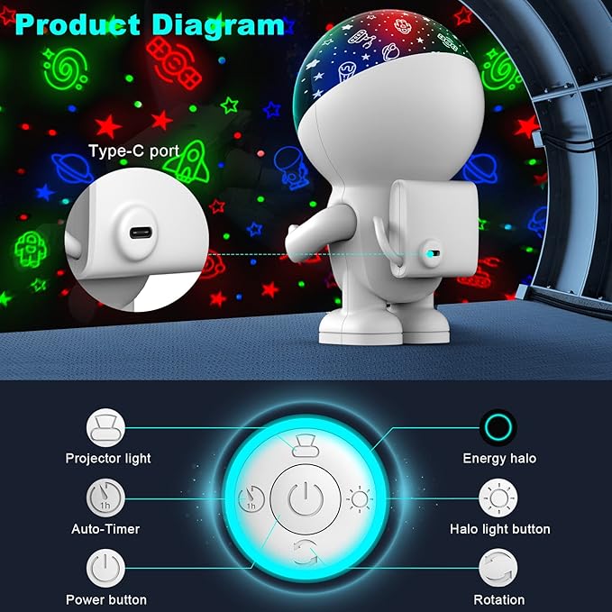 Astronaut Star Projector with Timer, 360 Degree Rotating Blue Halo Engergy Light Space Effect Kids Room Night Lights for Children Sleep Peacefully, Birthday Chritmas Gifts,Kids' Room décor