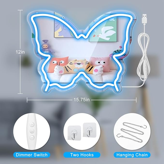 Butterfly Neon Sign Mirror, LED Neon Sign for Wall Decor, 15.7'' x 12'' Dimmable Neon Light for Teen Girls & Kids Birthday Party Gift, Neon Signs for Girl Room Decor, Wall Mirror, USB Powered (Ice Blue)
