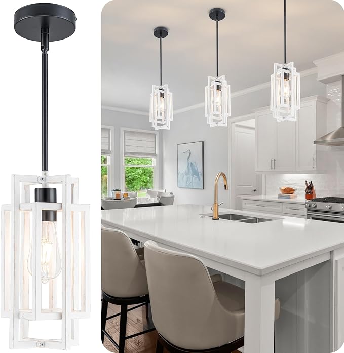 Farmhouse Pendant Light Fixtures, Modern White Wood Texture and Black Finish Pendant Lights 59'' Adjustable Small Square Pendant Ceiling Hanging Light for Kitchen Island Dining Room Entryway