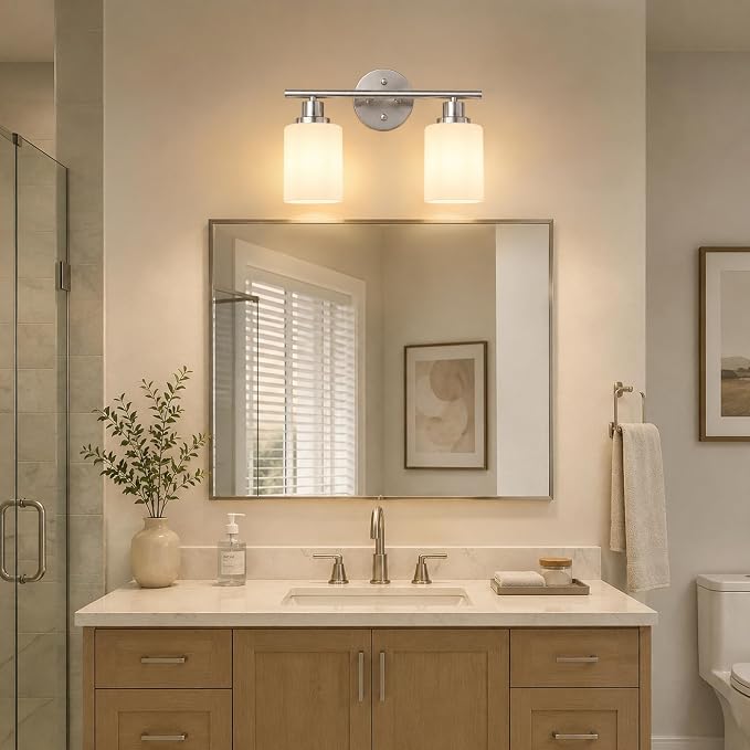 2 Light Bathroom Light Fixtures, Modern Vanity Lights with Milky White Glass Shade, Brushed Nickel Wall Lamp Over Mirror for Bathroom, Living Room, Cabinet, Bedroom, E26 Base