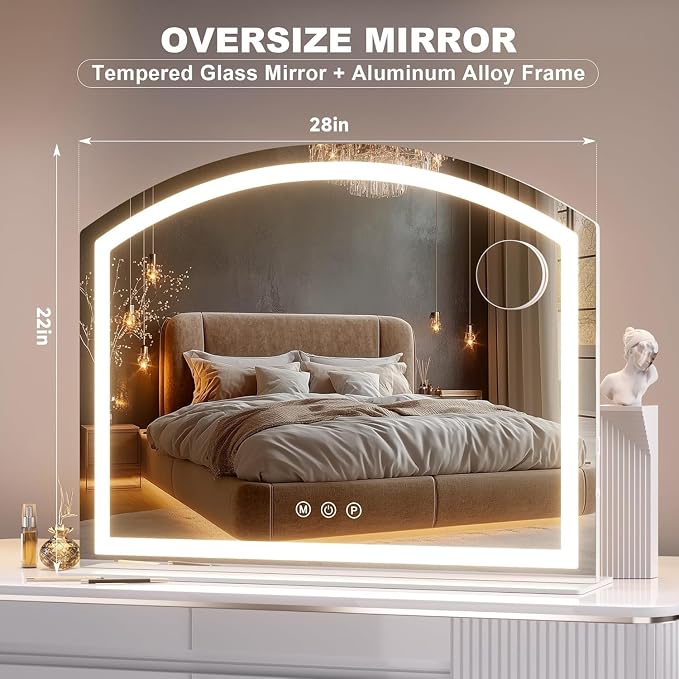 Hasipu Arch Vanity Mirror with Light, 28"x22" Arched Led Makeup Mirror with 10X Magnification, Tabletop Desk Mirrors with USB Charging Port, Dimmable 3 Colors Mode