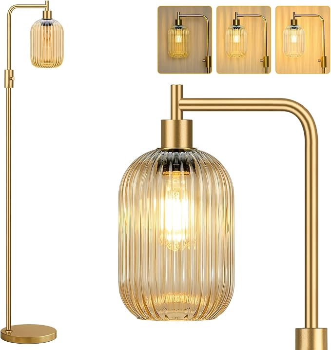 【Upgraded】 Dimmable Floor Lamp for Living Room with Amber Ribbed Glass Lampshade, Gold Modern Floor Lamp with 900LM LED Bulb Included, Arc Standing Tall Lamp for Bedroom, Office, Reading Room, Corner