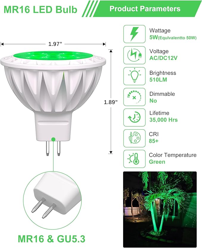 6-Pack MR16 Green LED Bulbs-Natural 5W 50W Halogen GU5.3 Base 12V 38° Beam for Garden, Plant Growth, Yard Accent & Eco Lighting