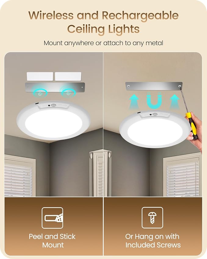 2 Pack Rechargeable Motion Sensor Ceiling Lights with Remote, Wireless Ceiling Light Battery Operated, Magnetic, 3CCT, Dimmable Shower Light, Motion Activated Light for Closet Bathroom Stairs Pantry