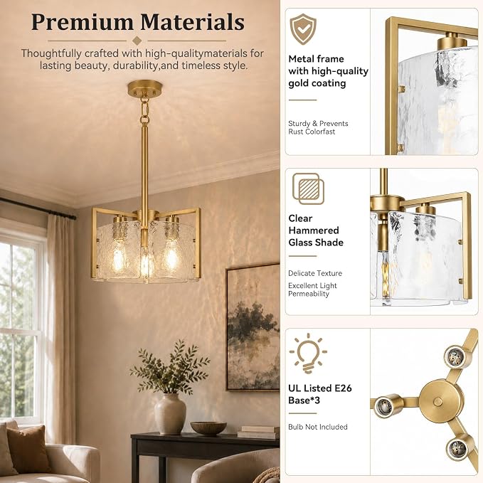 14.2 Inch Gold Chandeliers for Dining Room, Adjustable Height | 3-Light Vintage Entryway Light Fixture, Glass Pendant Lights for Kitchen Island Foyer Bedroom Bathroom