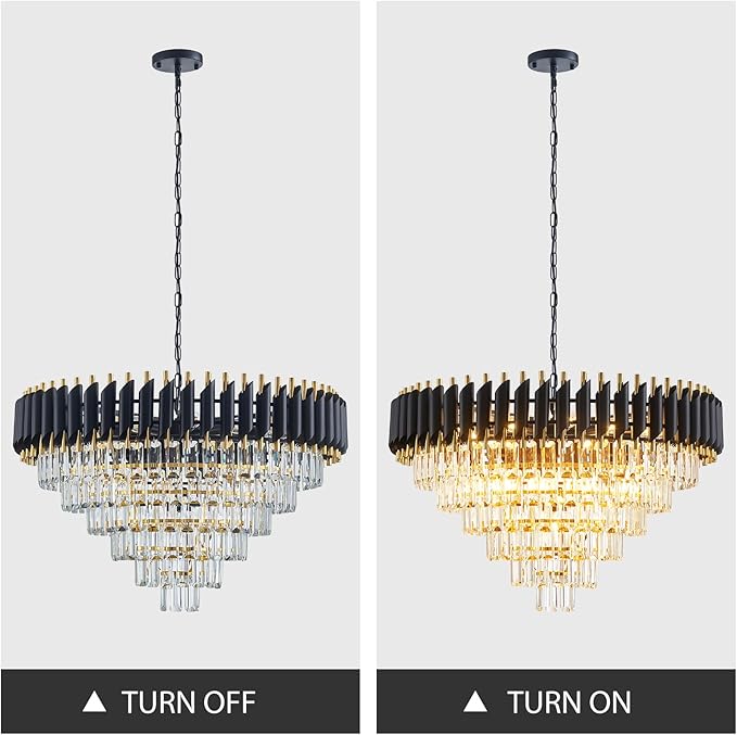 Modern Crystal Chandeliers 6 Tiers for Dining Room 16-Light Black and Gold Chandelier Living Room Round Contemporary Ceiling Hanging Light Pendant Light Fixture for Entryway Foyer Staircase