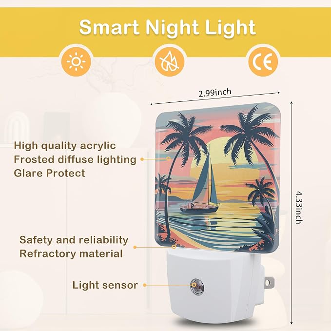 Palm Trees Night Lights Plug into Wall, Sunset Palm Trees Auto Sensor LED Night Lamp for Men Women Boys Girls Holiday Presents Gifts