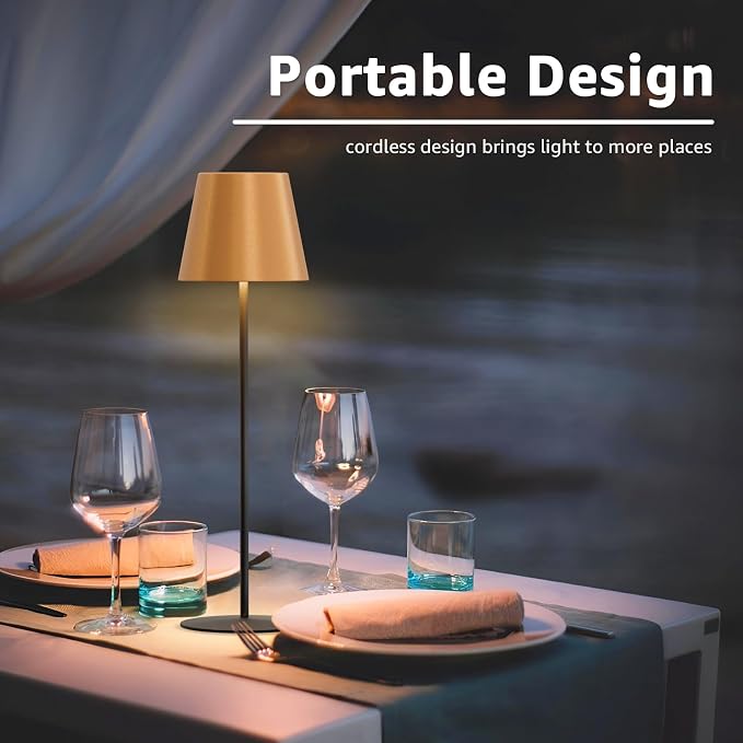 uuffoo 2 Pack Cordless Table Lamp Rechargeable 5000mAH Battery Operated Lights Touch Control LED Portable Desk Lamps 3 Color Dimming for Outdoor Coffee Bedroom Kitchen (Gold+Black)
