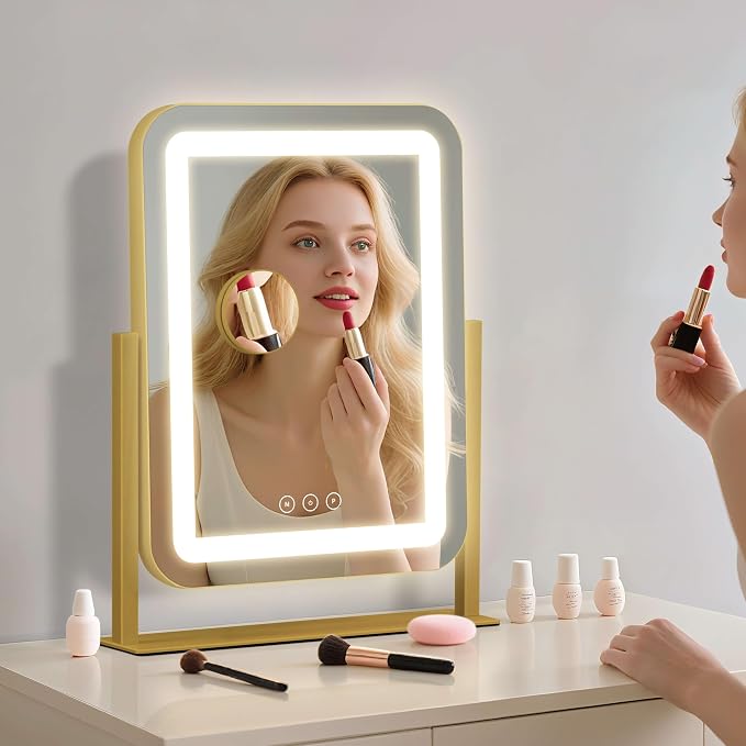 13.1"×16.7" Vanity Mirror with Lights, LED Makeup Mirror | Smart Touch, 3 Dimmable Colors, Memory Function, 10X Magnifying, for Desk, Bedroom, Dorm, Vanity