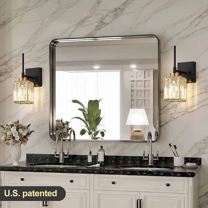 [Hardwired] Bathroom Wall Sconces Set of Two Bathroom Light Fixtures | Hardwired, Premium Crystal, Black and Gold Superior Durable Metal, Wall Lights for Living Room Bathroom Hallway Bedroom