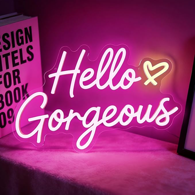 Hello Gorgeous Neon Signs for Wall Decor, Hello Beautiful Pink LED Lights | Dimmable Hello Gorgeous Light Sign for Girls Bedroom, Makeup Room, Beauty Salon, Wedding, Bachelorette Party, Gift for Women
