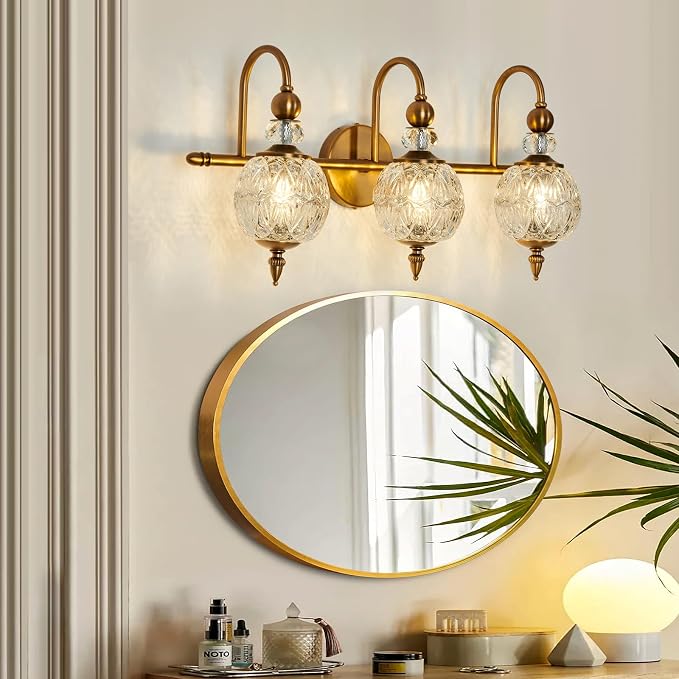 Piepooye Vintage Bathroom Lights Fixtures Gold Vanity Light with Glass Globe LampShade 3 Light Mid Century G9 Bulb Wall Sconce Indoor Vanity Light Over Mirror for Kitchen Bedroom Farmhouse Living Room