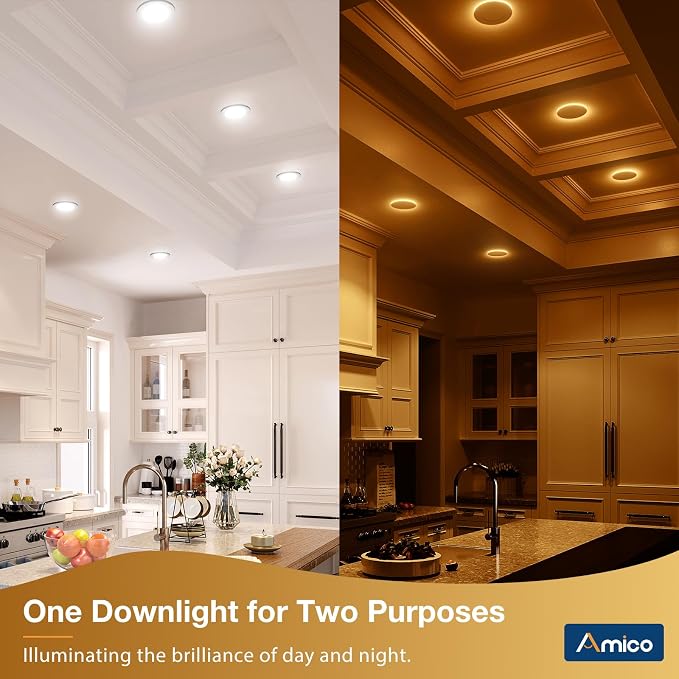 Amico 48 Pack 4 Inch LED Recessed Light with Night Light, 5CCT, 700LM | 5%-100% Dimmable, 2700K-5000K, No Flicker & Noise, Canless Wafer Downlight with Junction Box, 10W Eqv 60W, IC/ETL/FCC, White