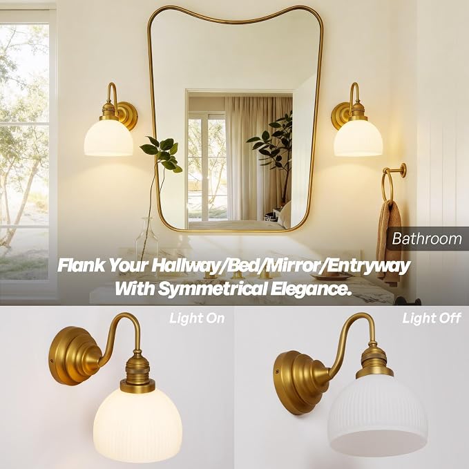 Brass Gold Wall Sconce Vintage Milk Glass Bathroom Vanity Light | Bathroom Wall Sconces,Antique Brass,Thick Half-Round Glass Shade,Hardwired,E26 Base,for Bathroom Mirror Hallway Kitchen