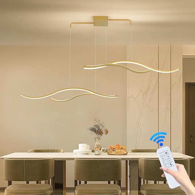 Mayful LED Chandelier, Modern Chandelier with Remote Control, Dimmable 3000K-6000K Adjustable Temperature, Height Adjustable Kitchen Island Pendant Light for Dining Room, Living Room Gold 64.2 inch