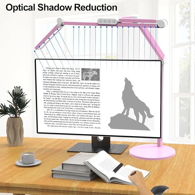 Led Desk Lamp with Base, Adjustable Tall Architect Desk Light for Home Office with Flexible Swing Arm, 24W Pink Bright Table Lamp Auto Dimming Computer Light for Workbench