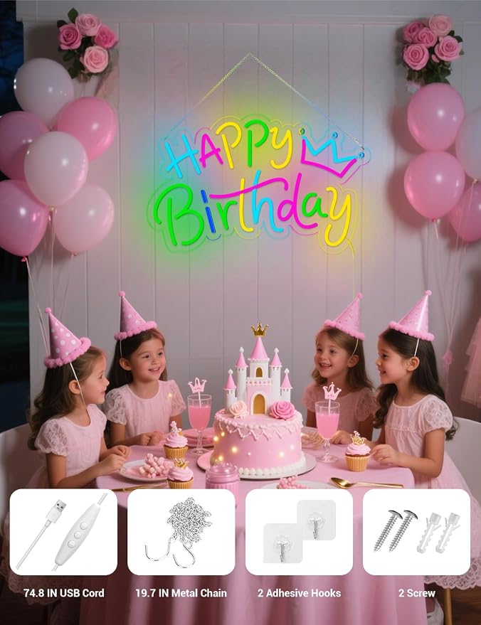 Happy Birthday Neon Sign for Decorations Backdrop, Happy Birthday Light Up LED Sign for Party Backdrop with Dimmable USB Power for Any Ages (Happy Birthday)