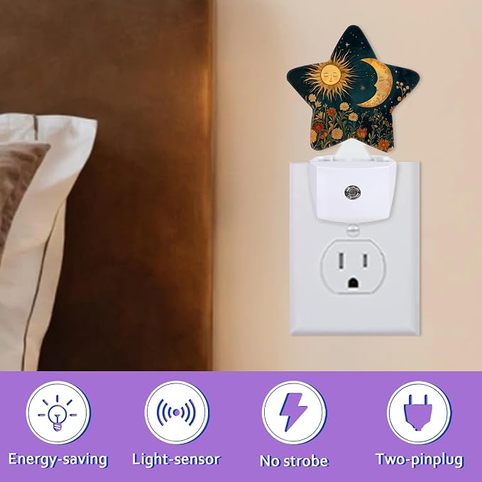 Energy Efficient Nightlights Plug in Wall, Boho Sun Moon Night Light for Kids Bedroom Decorative, Vintage Flowers Dusk-to-Dawn Sensor Sleep Friendly Lamp for Nursery Bathroom Basement