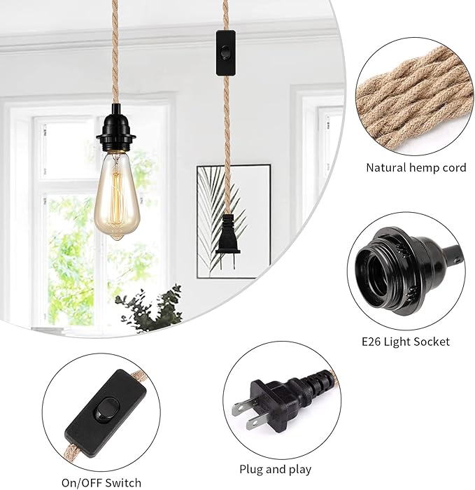 Plug in Pendant Light Cord - 15FT Industrial Hanging Light Kit, Hanging Lights with Plug in Cord With 15FT Hemp Rope, Hanging Lamp Kit with On/Off Switch,E26 E27 Light Socket, Bulb NOT Included