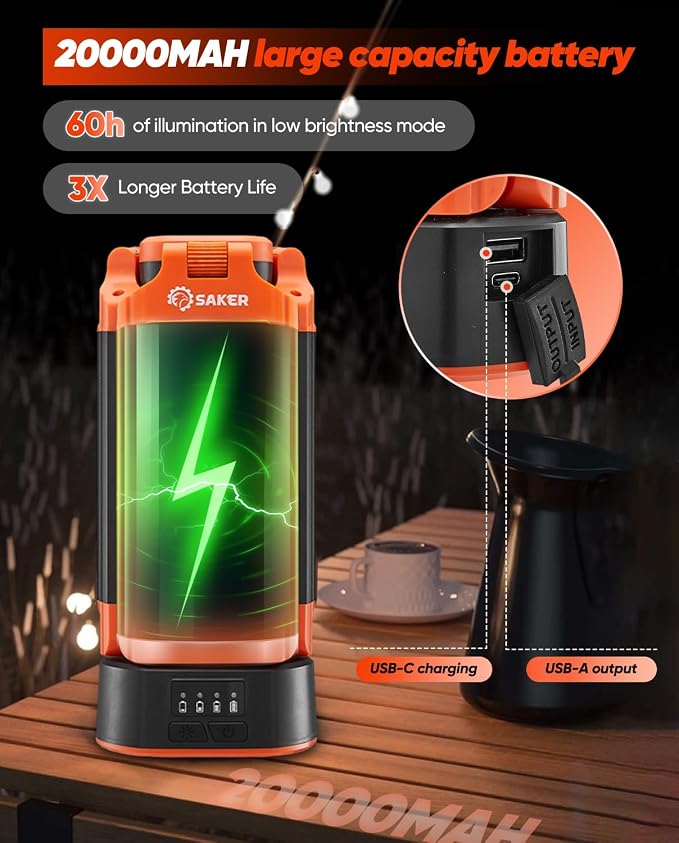 Saker Portable Camping Light with Stand 20000mAh 73.2" Work Light LD18 | Rechargeable,Adjustable Height,3200 Lumen 6500K Emergency Lights for Camping, Garage, Outdoor Work, Power Outages, Fishing