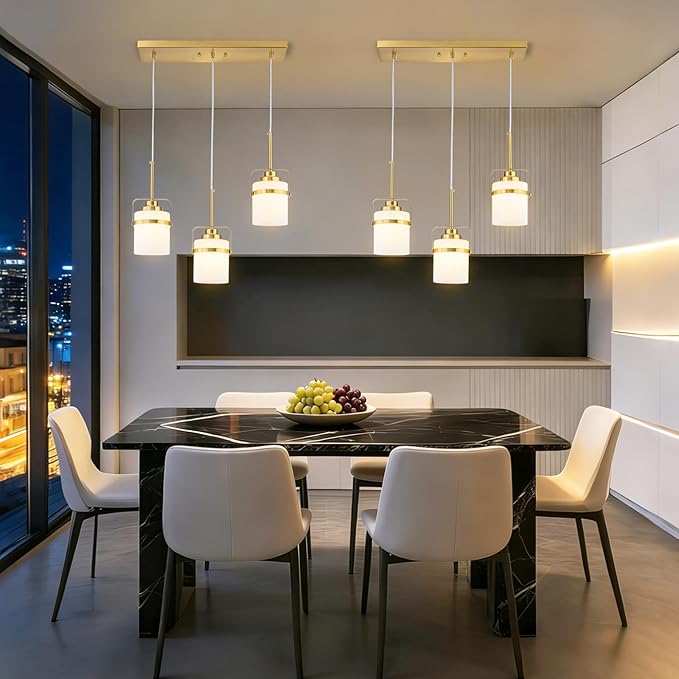 Brass 3-Light Pendant Lighting, Adjustable Hanging Light Fixture with Milk Glass Shade, Modern Pendant Light for Kitchen Island Dining Room Bar Over Sink/Table/Counter
