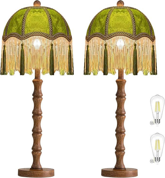 ILLMTW Vintage Table Lamp Set of 2,Flower Small Bedside Lamps Dimmable Bedroom Lamp with Fringe Green Shade,Boho Mid Century Retro Unique Tassel Nightstand Lamp for Bedroom Living Room Tiffany Decor