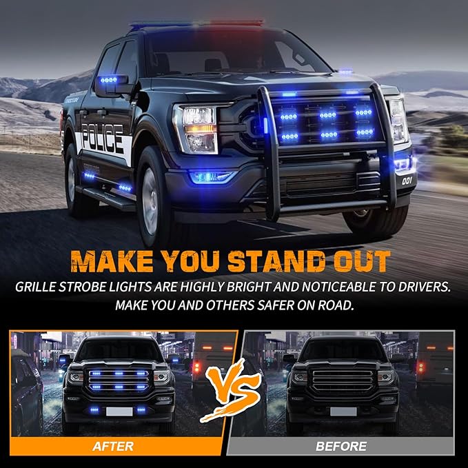 XRIDONSEN 8PCS Sync Blue Grill Emergency Lights 32 LED Grille Surface Mount Firefighter Police Lights Strobe Flashing Warning Safety Hazard First Responder Light for Vehicles Firefighters POV Trucks