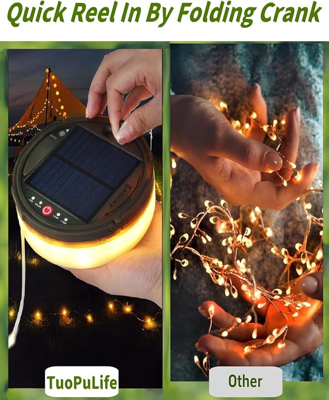 Solar Camping String Lights, 39.4 FT Fairy String Light, 4 in 1 Portable Waterproof Camp LED Lamp with 8 Lighting Modes, Hanging Rechargeable Tent Lantern for Outdoor Garden Patio Party Essentials