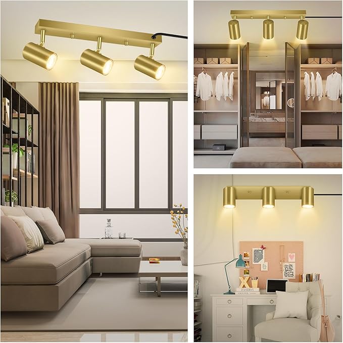 3 Light Track Lighting Kit,Gold 3 Way Modern Plug in Ceiling Spotlight,Industrial LED Wall Light for Kitchen Cabinet Gallery Bar Hallway Living Room,Rocker Switch,15 Foot Cord(No Bulb)